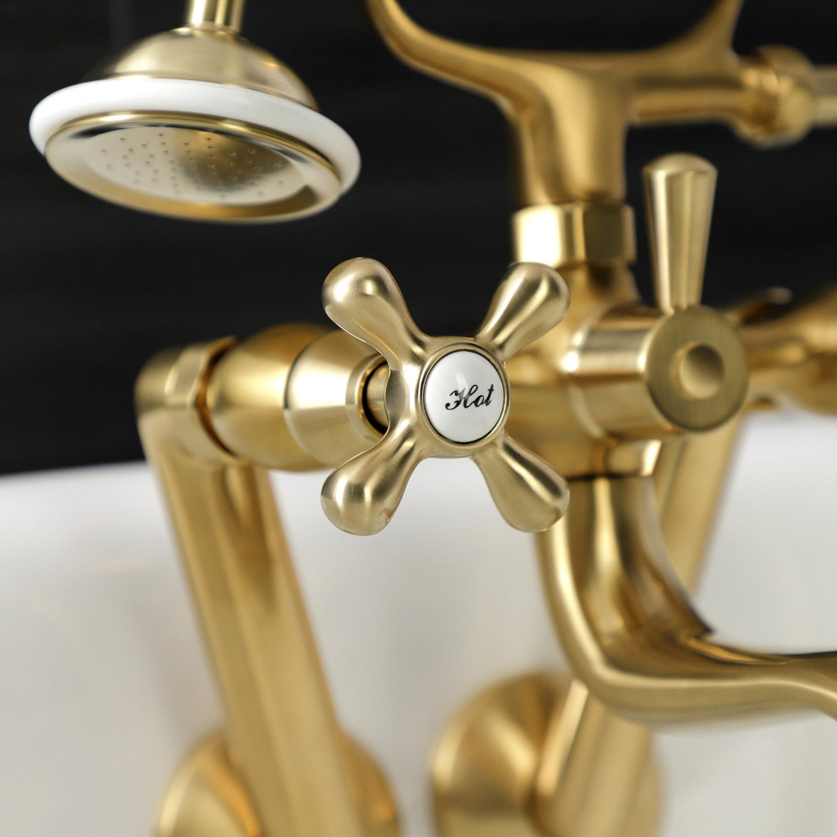 Kingston KS229SB Three-Handle 2-Hole Tub Wall Mount Clawfoot Tub Faucet with Handshower, Brushed Brass