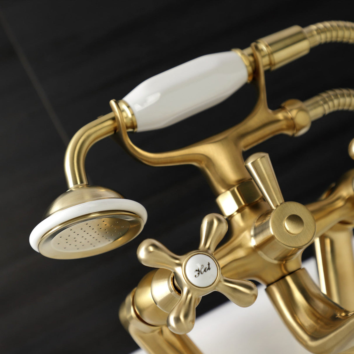 Kingston KS229SB Three-Handle 2-Hole Tub Wall Mount Clawfoot Tub Faucet with Handshower, Brushed Brass
