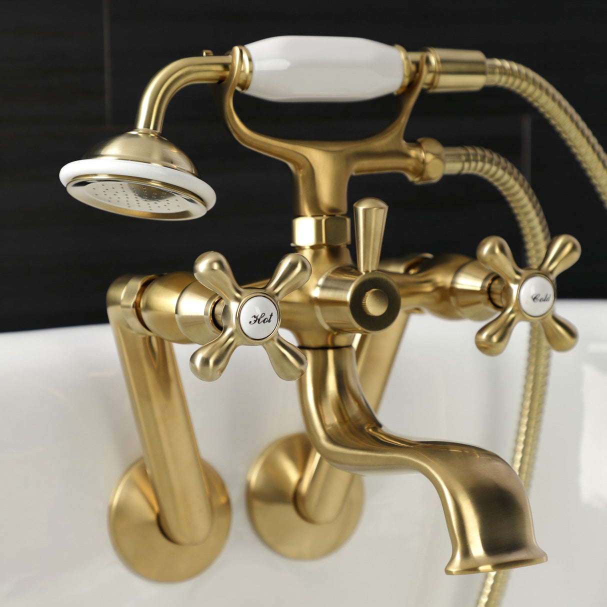 Kingston KS229SB Three-Handle 2-Hole Tub Wall Mount Clawfoot Tub Faucet with Handshower, Brushed Brass