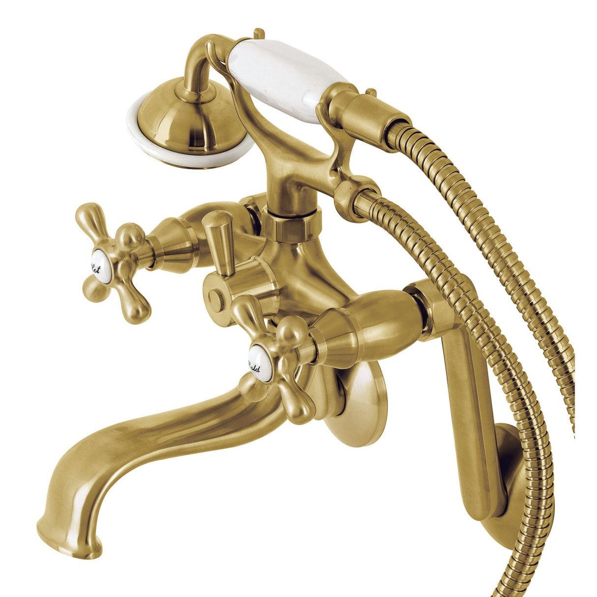 Kingston KS229SB Three-Handle 2-Hole Tub Wall Mount Clawfoot Tub Faucet with Handshower, Brushed Brass