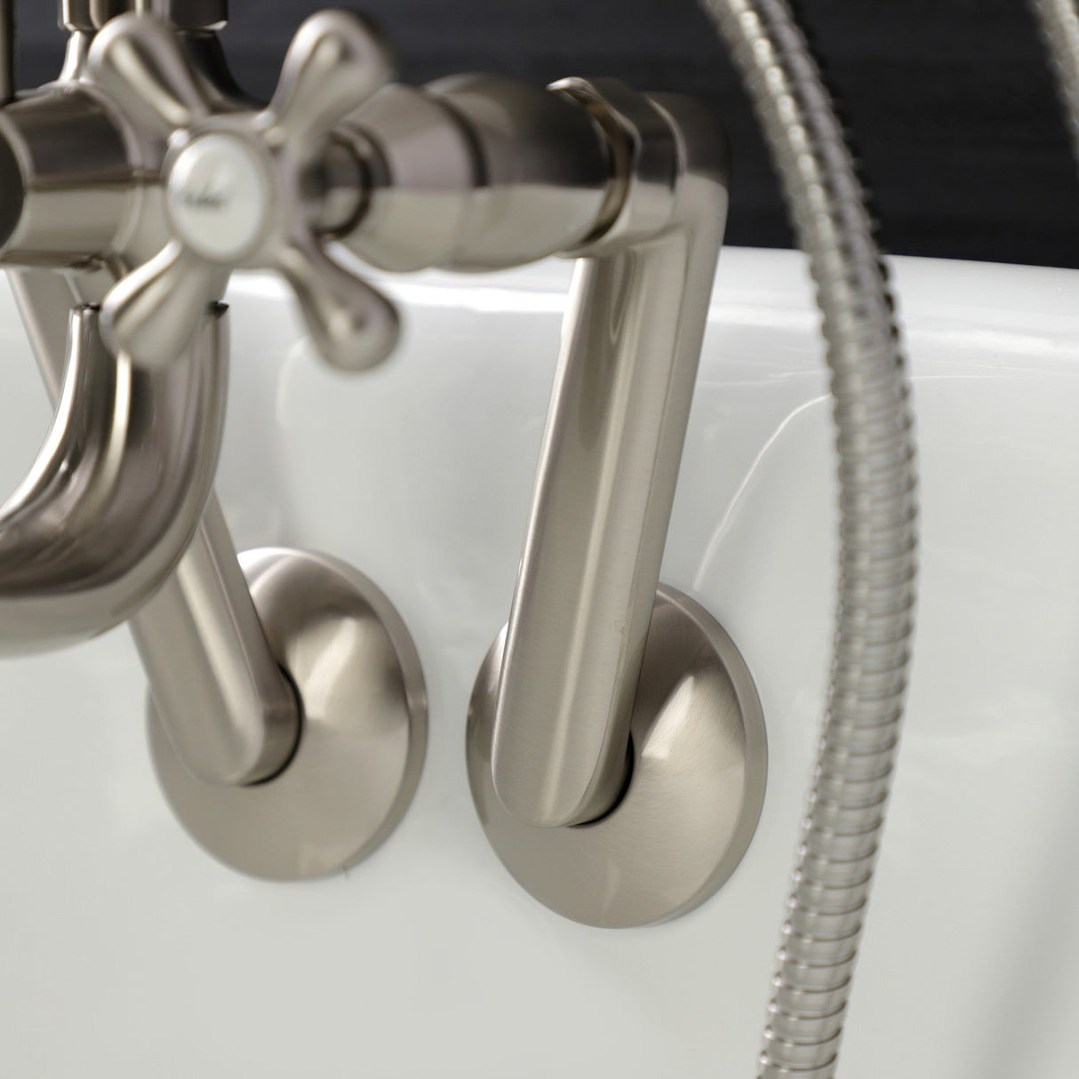 Kingston KS229SN Three-Handle 2-Hole Tub Wall Mount Clawfoot Tub Faucet with Handshower, Brushed Nickel