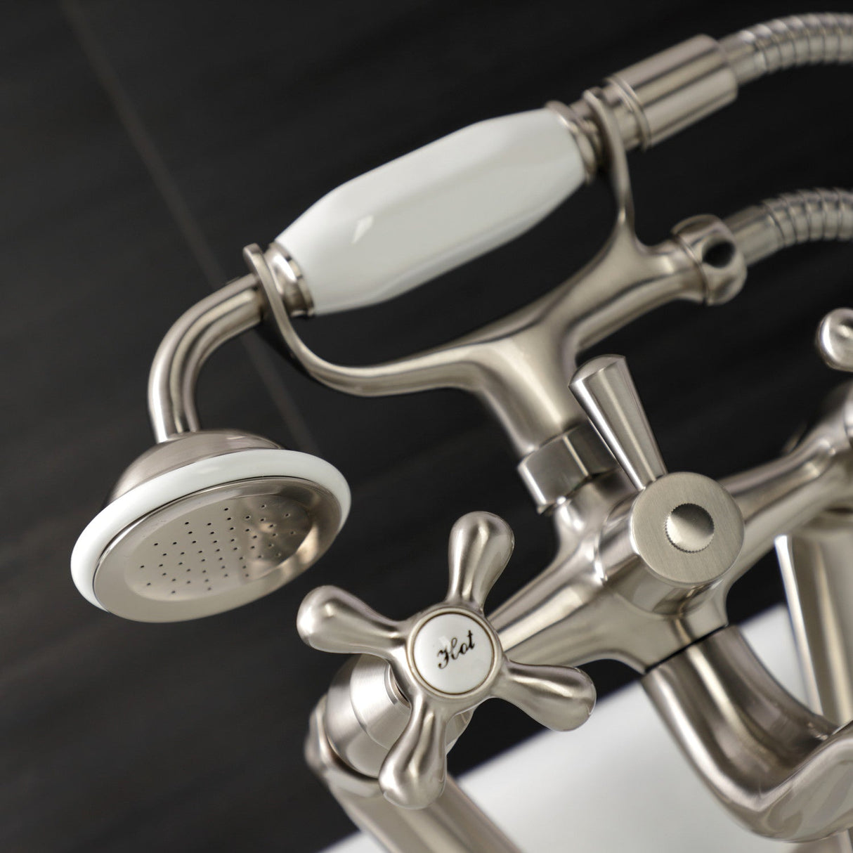 Kingston KS229SN Three-Handle 2-Hole Tub Wall Mount Clawfoot Tub Faucet with Handshower, Brushed Nickel