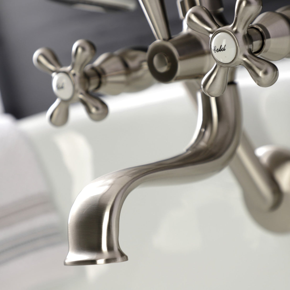 Kingston KS229SN Three-Handle 2-Hole Tub Wall Mount Clawfoot Tub Faucet with Handshower, Brushed Nickel