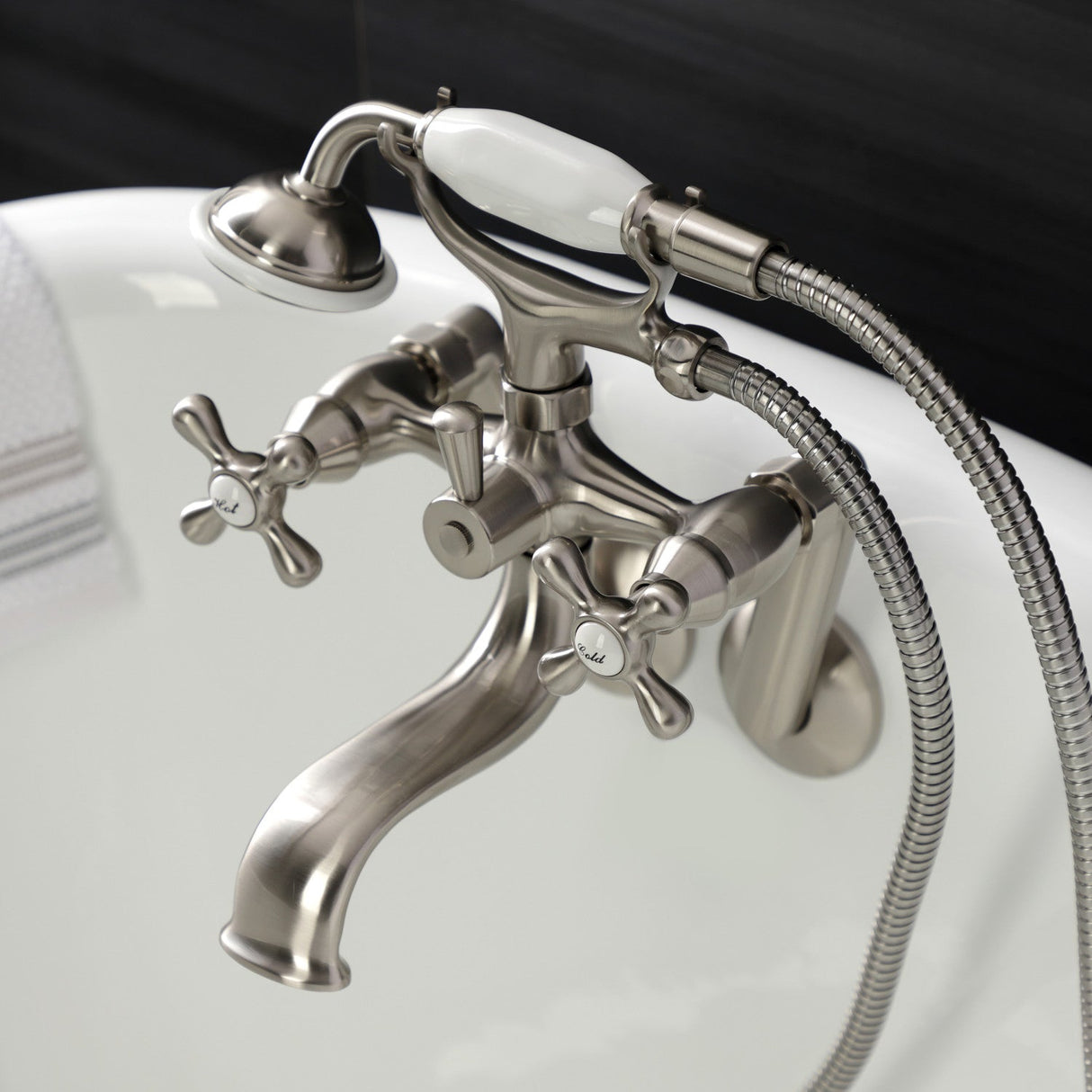 Kingston KS229SN Three-Handle 2-Hole Tub Wall Mount Clawfoot Tub Faucet with Handshower, Brushed Nickel