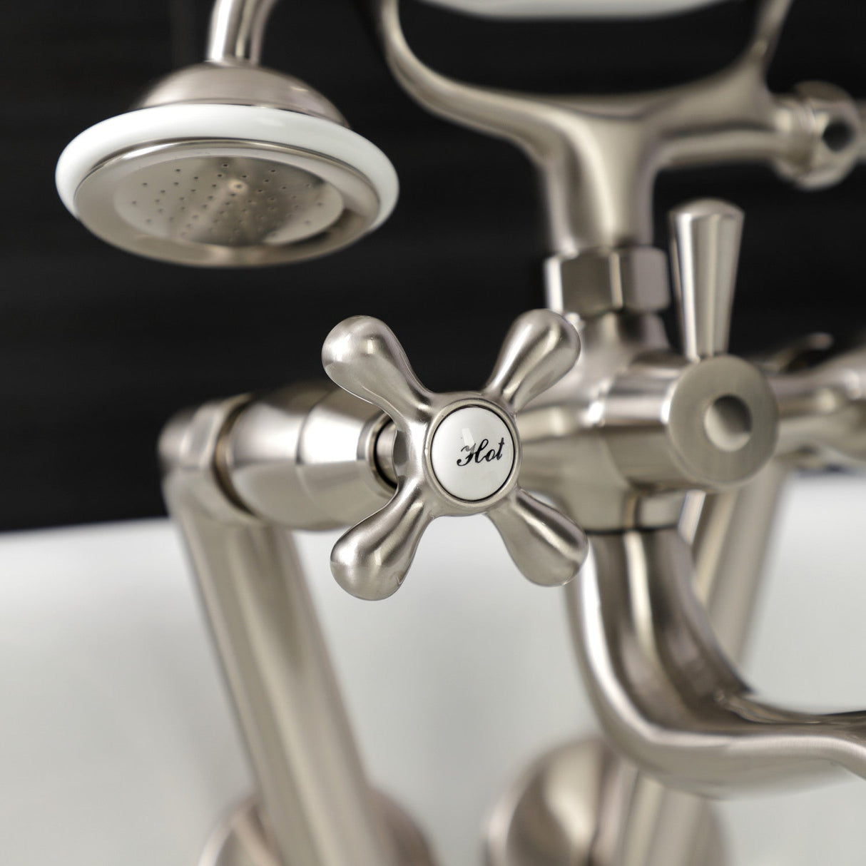 Kingston KS229SN Three-Handle 2-Hole Tub Wall Mount Clawfoot Tub Faucet with Handshower, Brushed Nickel