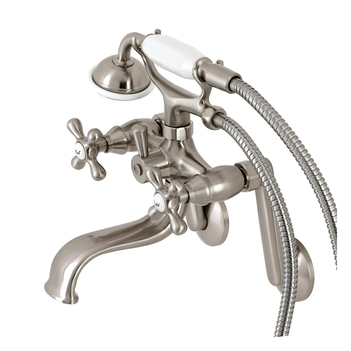Kingston KS229SN Three-Handle 2-Hole Tub Wall Mount Clawfoot Tub Faucet with Handshower, Brushed Nickel