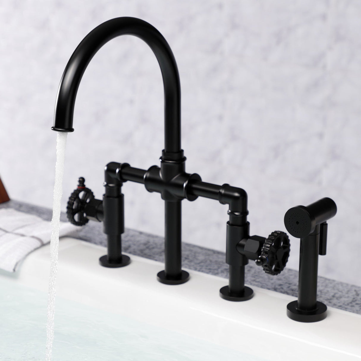 Fuller KS2330CG Two-Handle 4-Hole Deck Mount Bridge Kitchen Faucet with Brass Sprayer, Matte Black