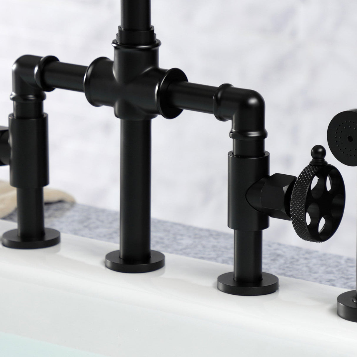 Webb KS2330RKX Two-Handle 4-Hole Deck Mount Bridge Kitchen Faucet with Knurled Handle and Brass Side Sprayer, Matte Black