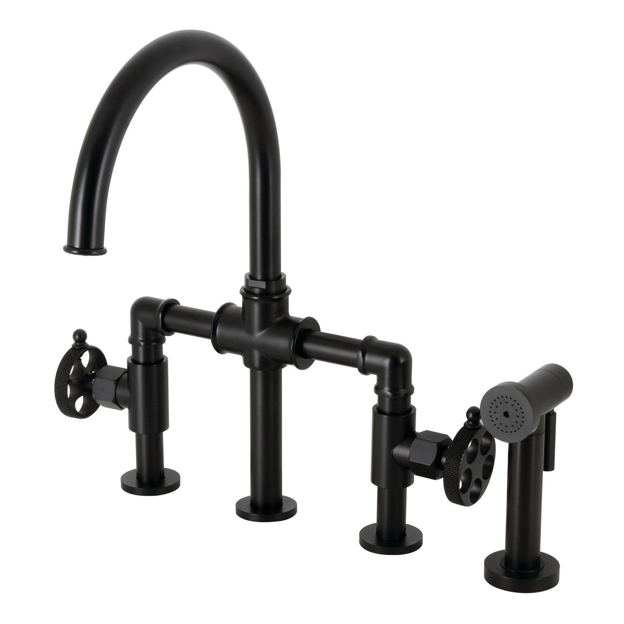 Webb KS2330RKX Two-Handle 4-Hole Deck Mount Bridge Kitchen Faucet with Knurled Handle and Brass Side Sprayer, Matte Black