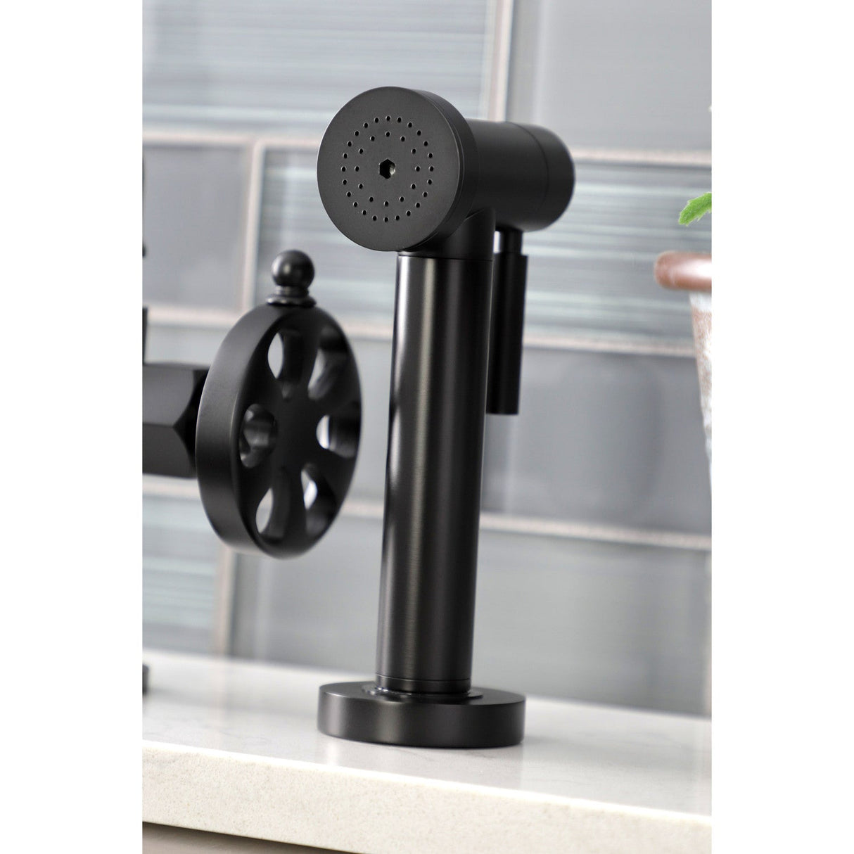 Belknap KS2330RX Two-Handle 4-Hole Deck Mount Bridge Kitchen Faucet with Brass Sprayer, Matte Black