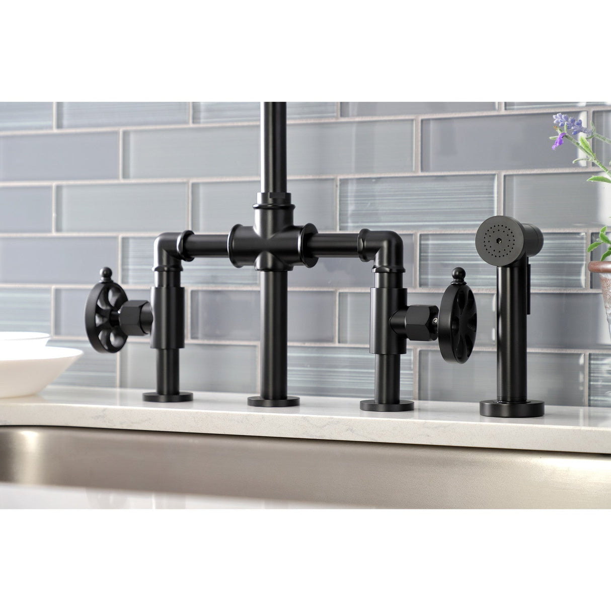 Belknap KS2330RX Two-Handle 4-Hole Deck Mount Bridge Kitchen Faucet with Brass Sprayer, Matte Black