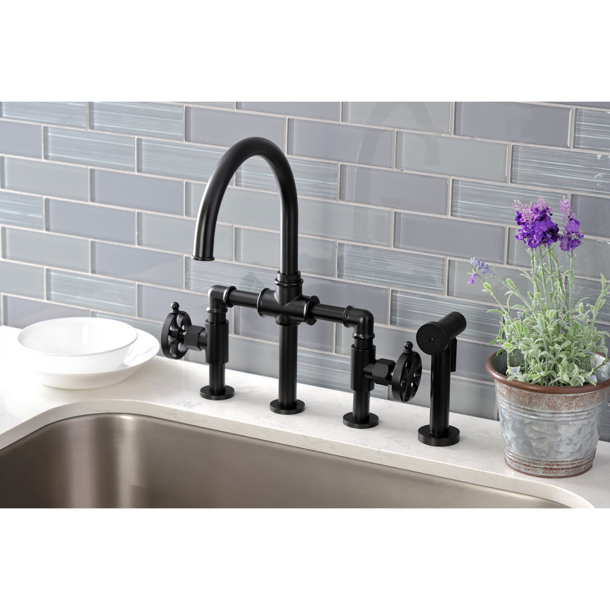 Belknap KS2330RX Two-Handle 4-Hole Deck Mount Bridge Kitchen Faucet with Brass Sprayer, Matte Black