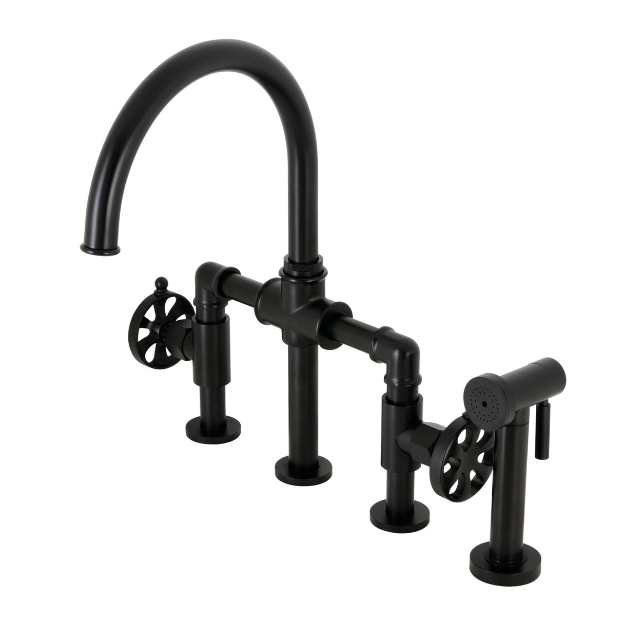 Belknap KS2330RX Two-Handle 4-Hole Deck Mount Bridge Kitchen Faucet with Brass Sprayer, Matte Black