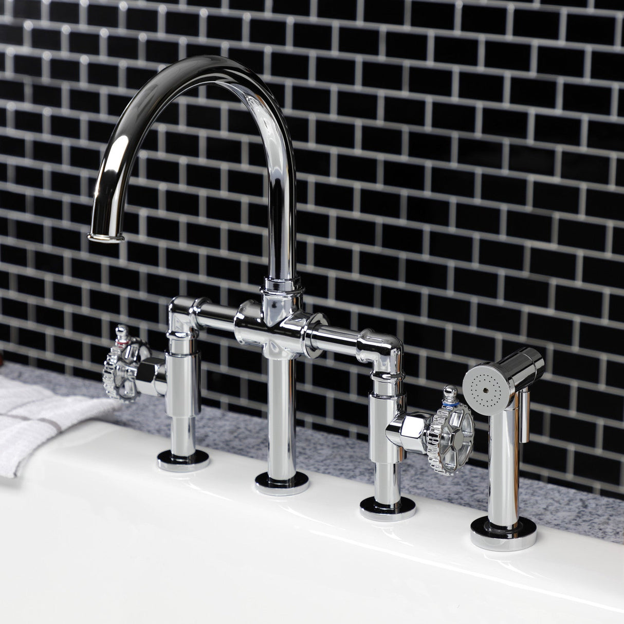 Fuller KS2331CG Two-Handle 4-Hole Deck Mount Bridge Kitchen Faucet with Brass Sprayer, Polished Chrome