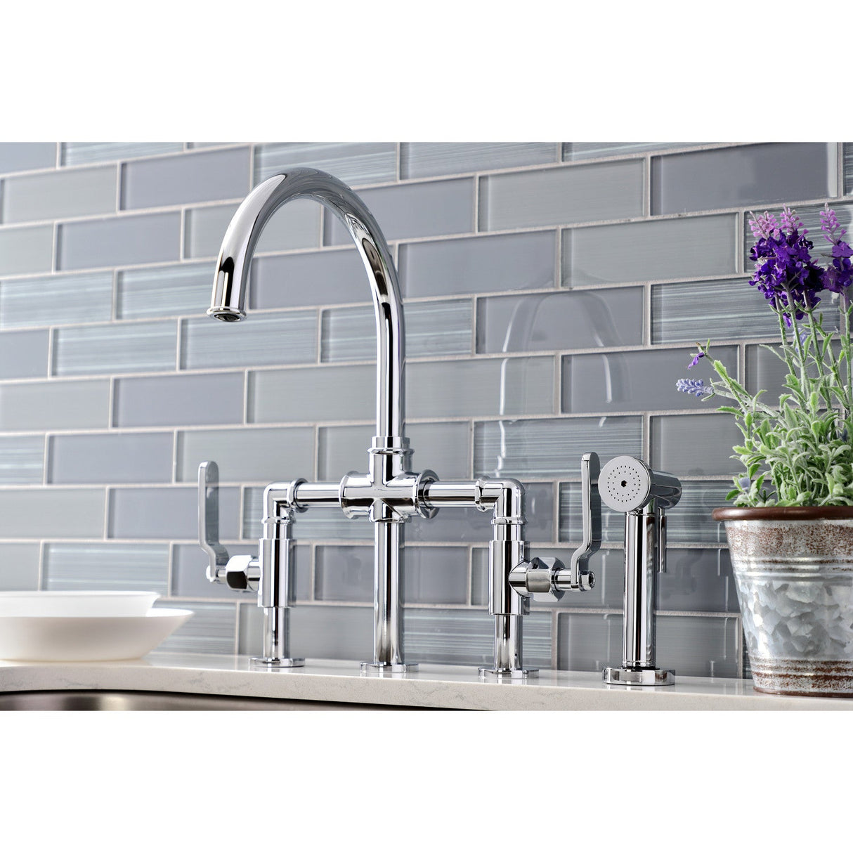 Whitaker KS2331KL Two-Handle 4-Hole Deck Mount Bridge Kitchen Faucet with Brass Sprayer, Polished Chrome