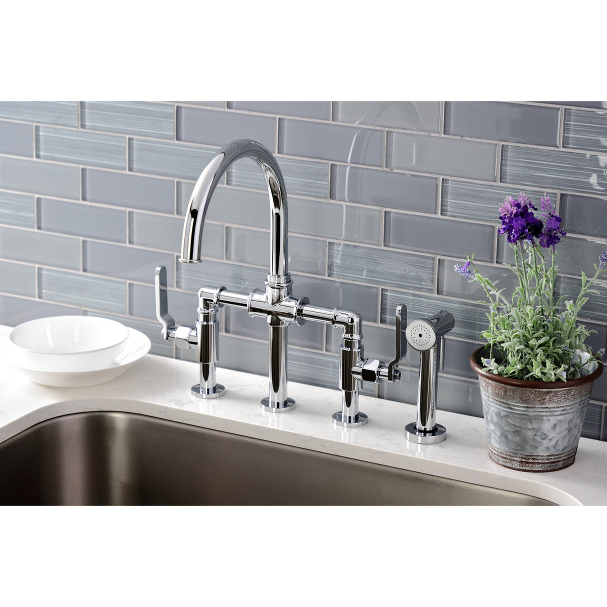 Whitaker KS2331KL Two-Handle 4-Hole Deck Mount Bridge Kitchen Faucet with Brass Sprayer, Polished Chrome