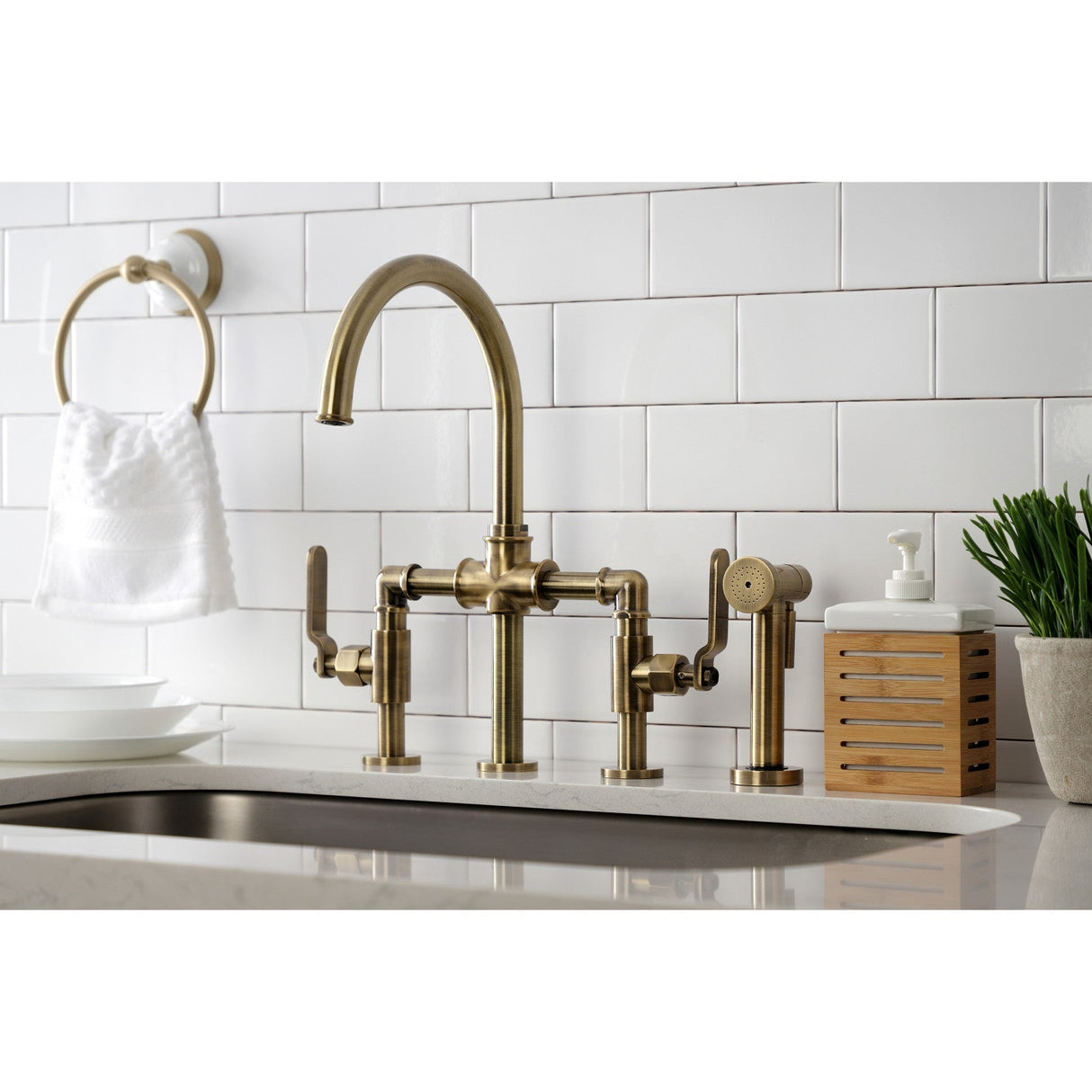 Whitaker KS2333KL Two-Handle 4-Hole Deck Mount Bridge Kitchen Faucet with Brass Sprayer, Antique Brass