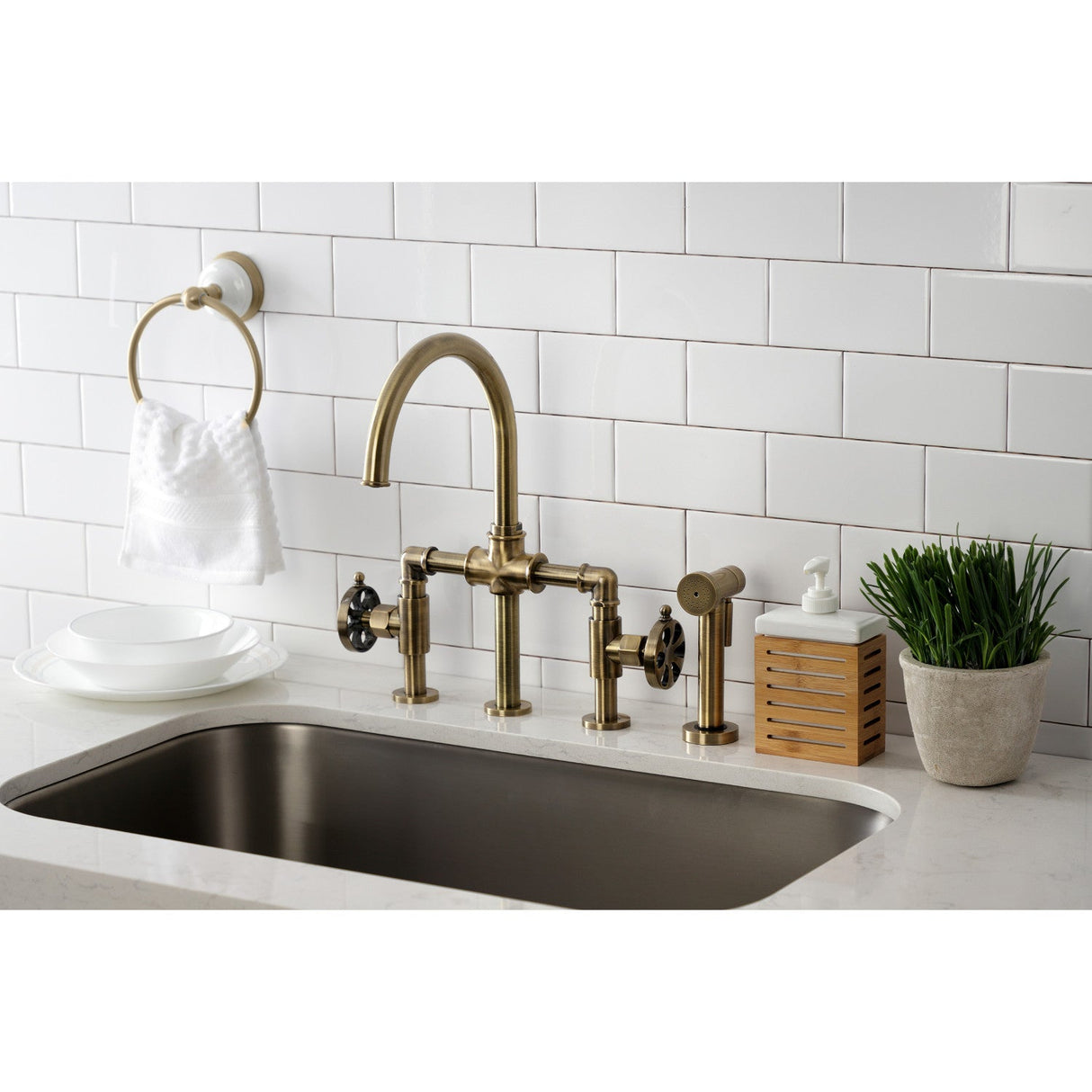 Belknap KS2333RX Two-Handle 4-Hole Deck Mount Bridge Kitchen Faucet with Brass Sprayer, Antique Brass