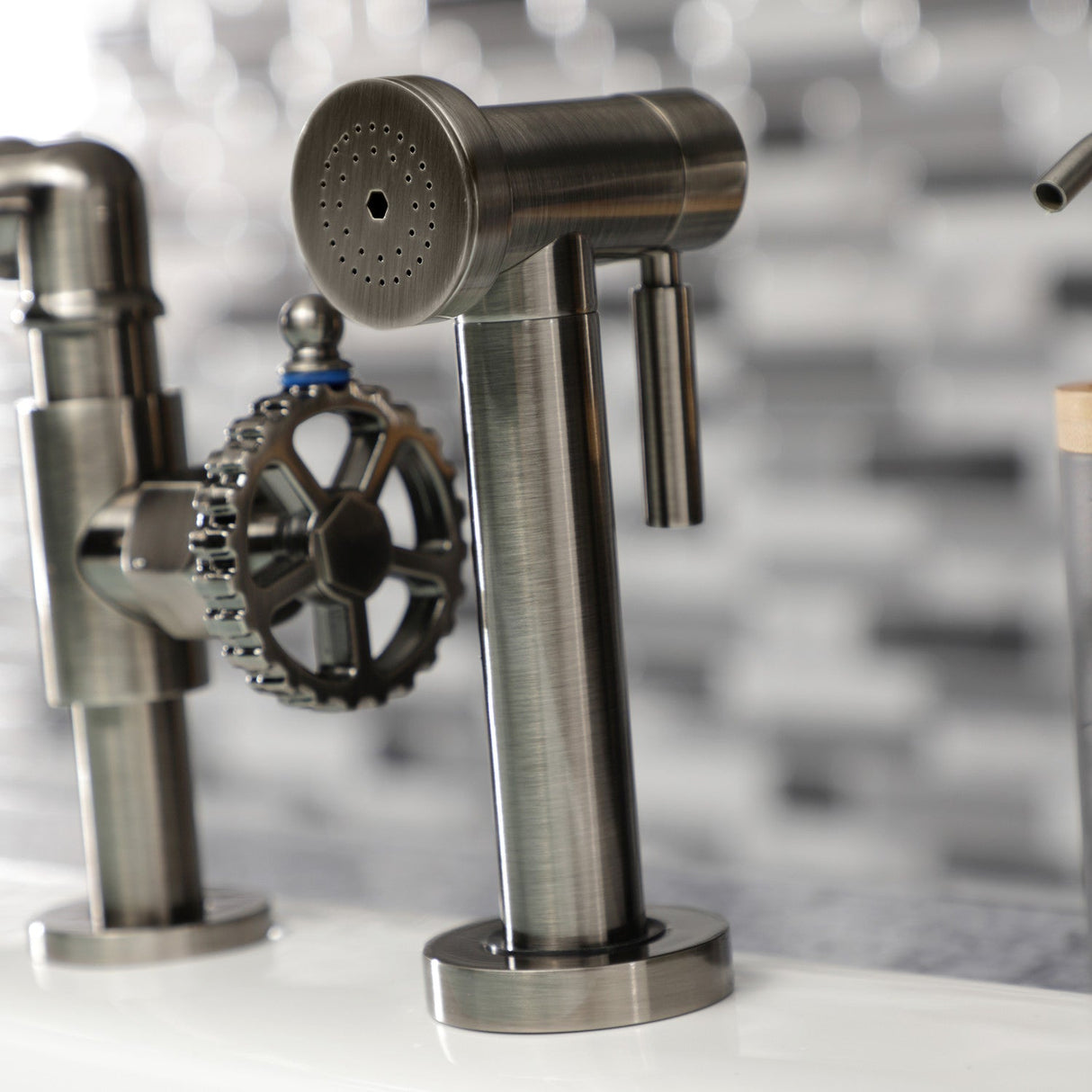 Fuller KS2334CG Two-Handle 4-Hole Deck Mount Bridge Kitchen Faucet with Brass Sprayer, Black Stainless