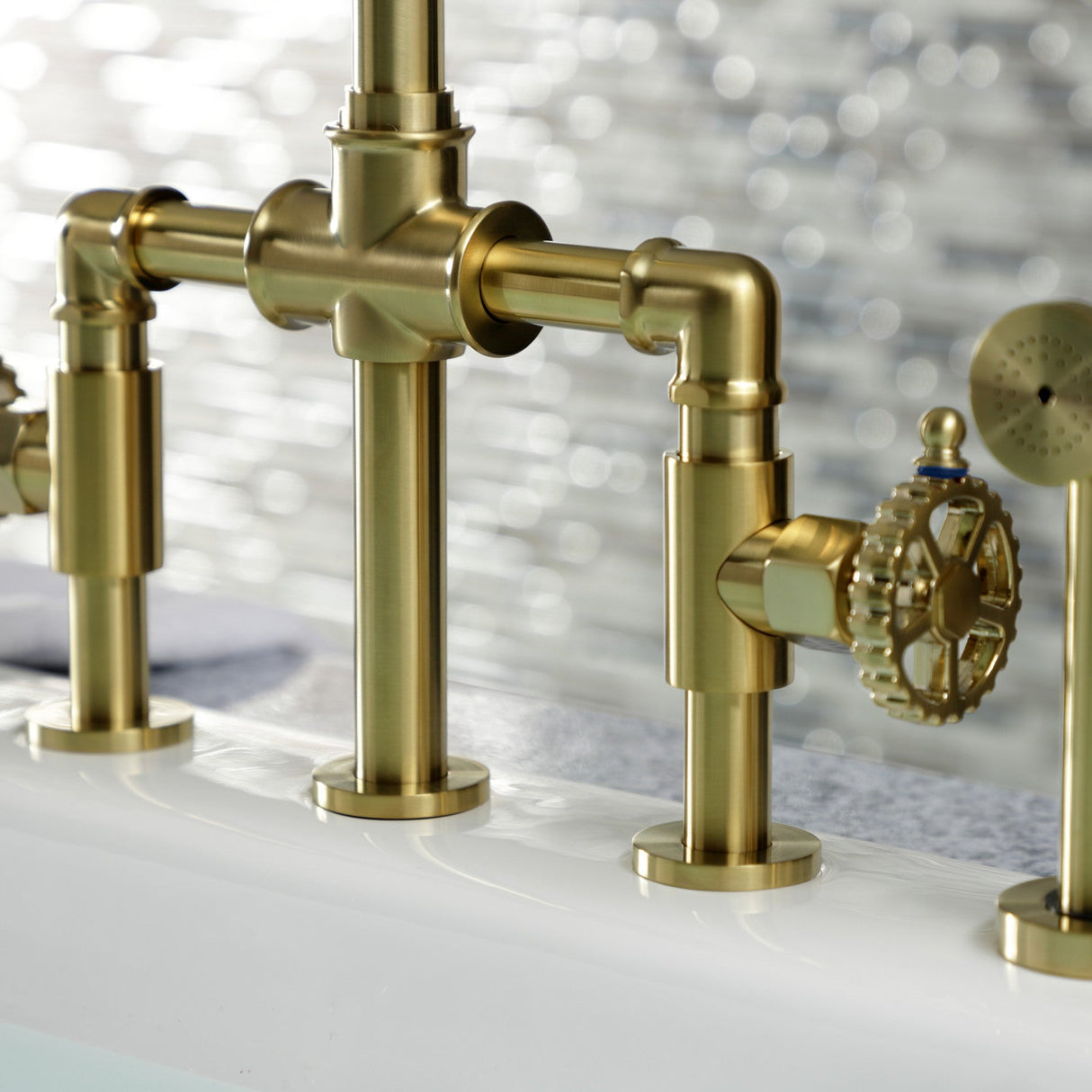 Fuller KS2337CG Two-Handle 4-Hole Deck Mount Bridge Kitchen Faucet with Brass Sprayer, Brushed Brass