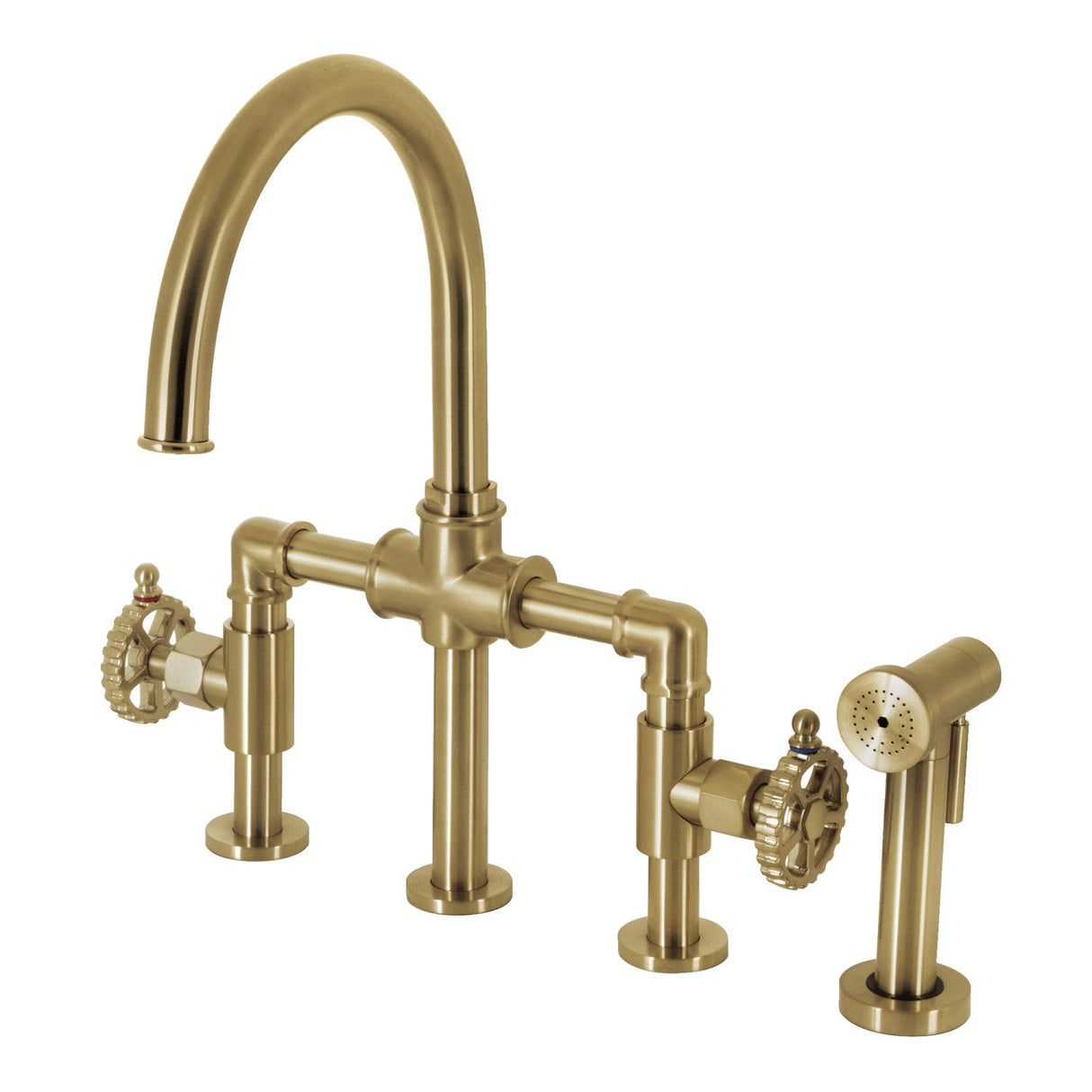 Fuller KS2337CG Two-Handle 4-Hole Deck Mount Bridge Kitchen Faucet with Brass Sprayer, Brushed Brass