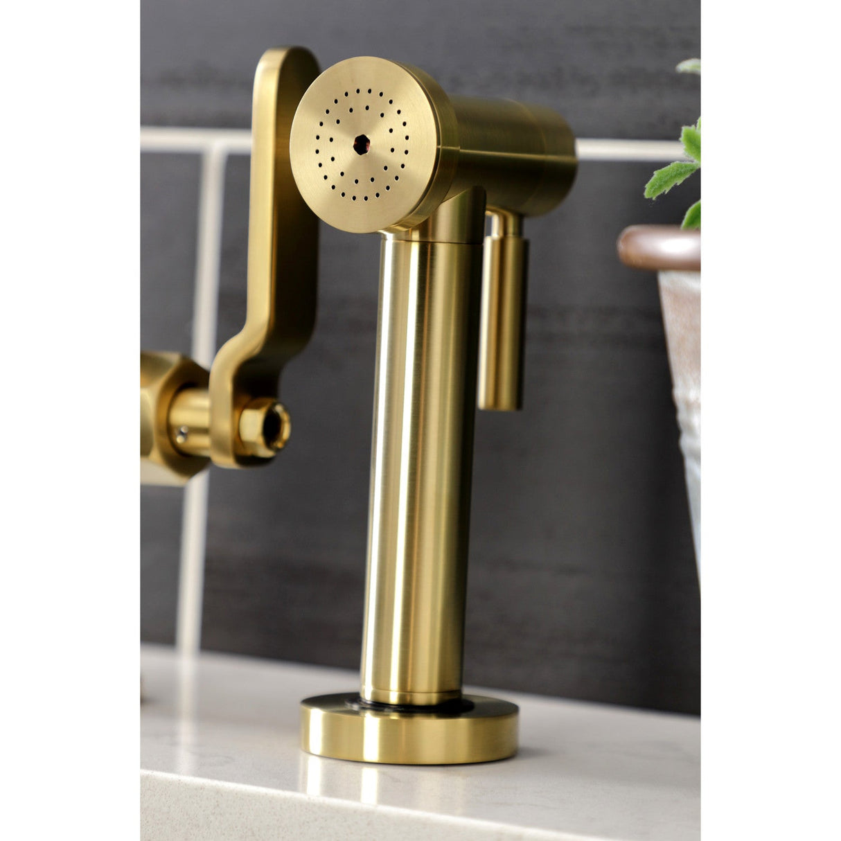 Whitaker KS2337KL Two-Handle 4-Hole Deck Mount Bridge Kitchen Faucet with Brass Sprayer, Brushed Brass