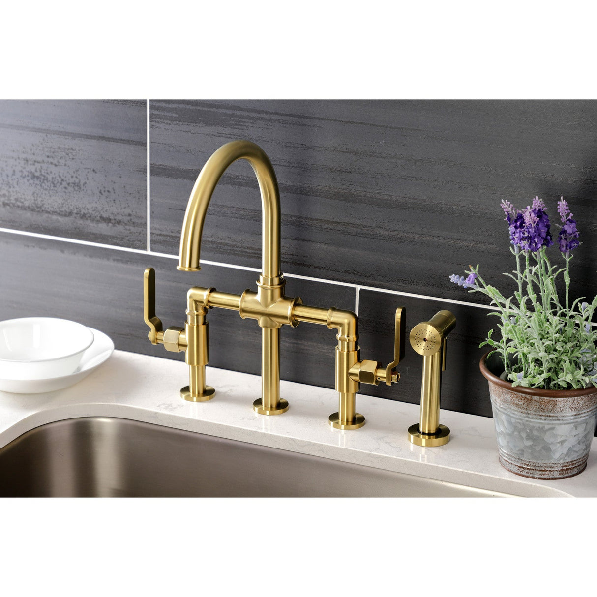 Whitaker KS2337KL Two-Handle 4-Hole Deck Mount Bridge Kitchen Faucet with Brass Sprayer, Brushed Brass