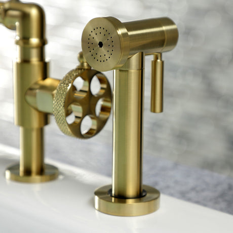 Webb KS2337RKX Two-Handle 4-Hole Deck Mount Bridge Kitchen Faucet with Knurled Handle and Brass Side Sprayer, Brushed Brass