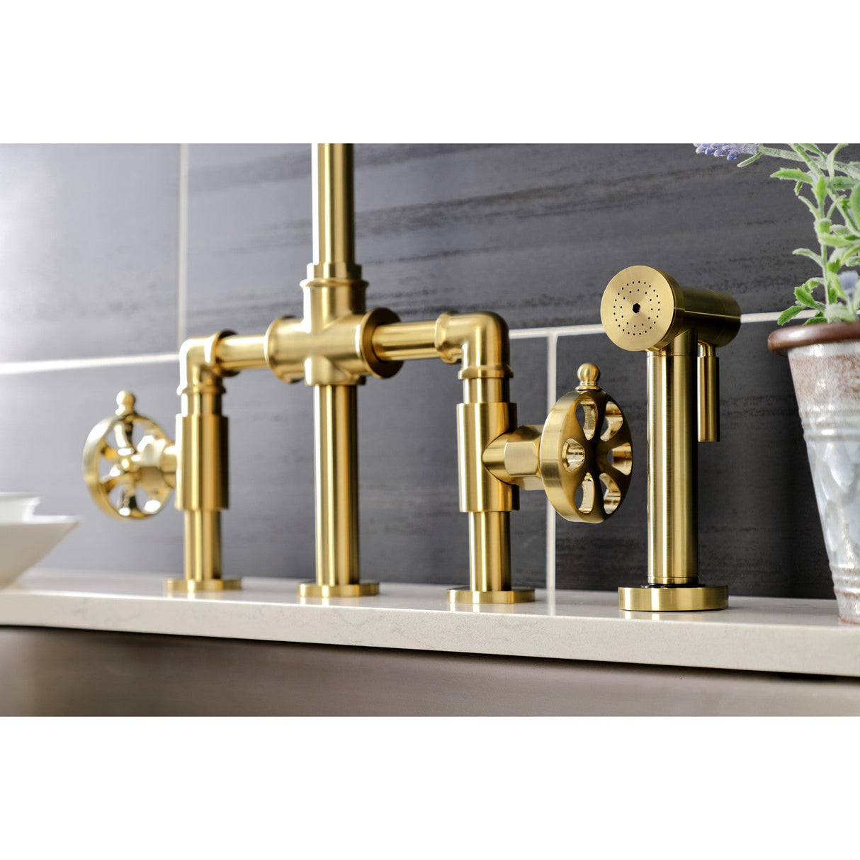 Belknap KS2337RX Two-Handle 4-Hole Deck Mount Bridge Kitchen Faucet with Brass Sprayer, Brushed Brass