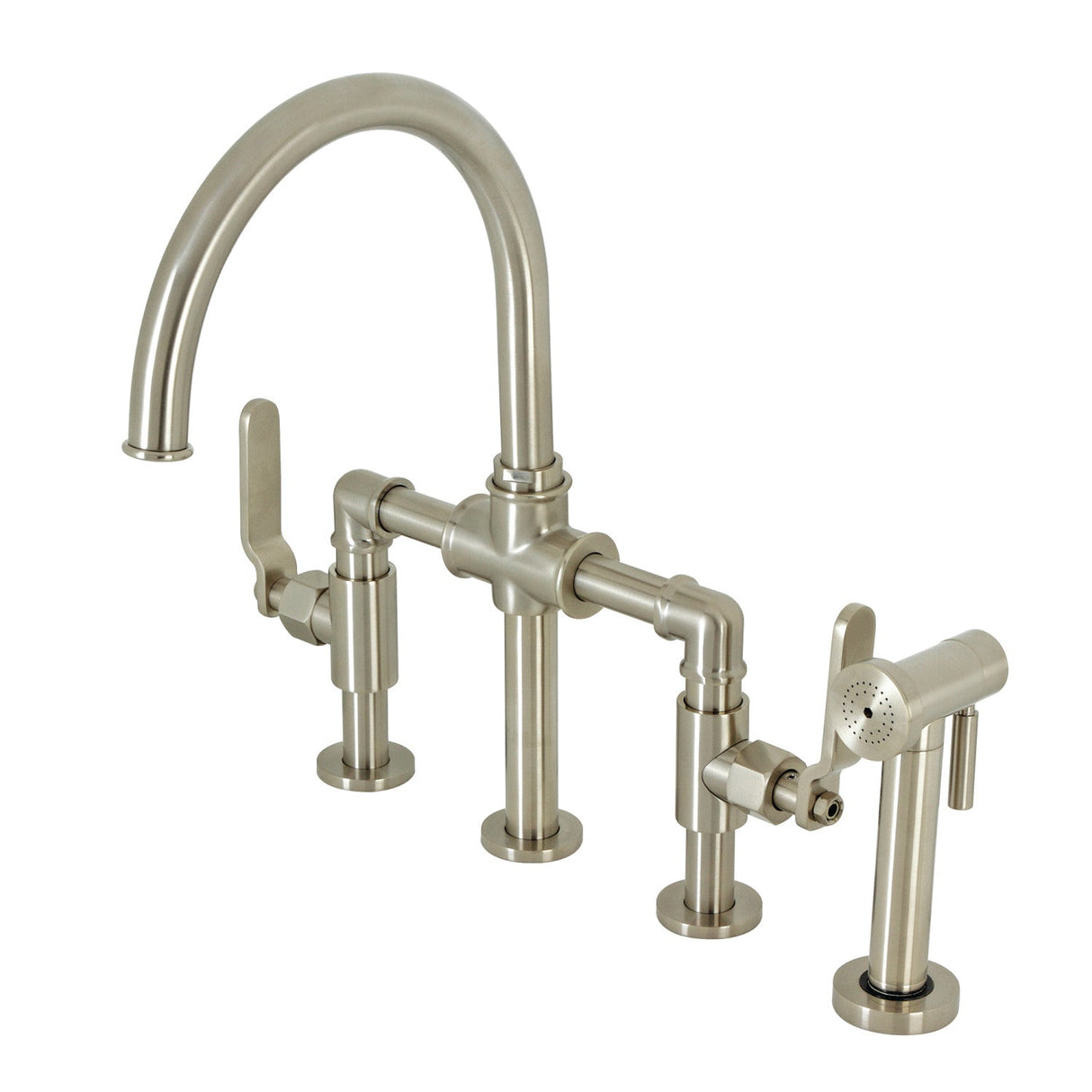 Whitaker KS2338KL Two-Handle 4-Hole Deck Mount Bridge Kitchen Faucet with Brass Sprayer, Brushed Nickel