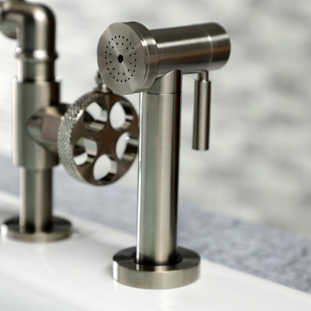 Webb KS2338RKX Two-Handle 4-Hole Deck Mount Bridge Kitchen Faucet with Knurled Handle and Brass Side Sprayer, Brushed Nickel