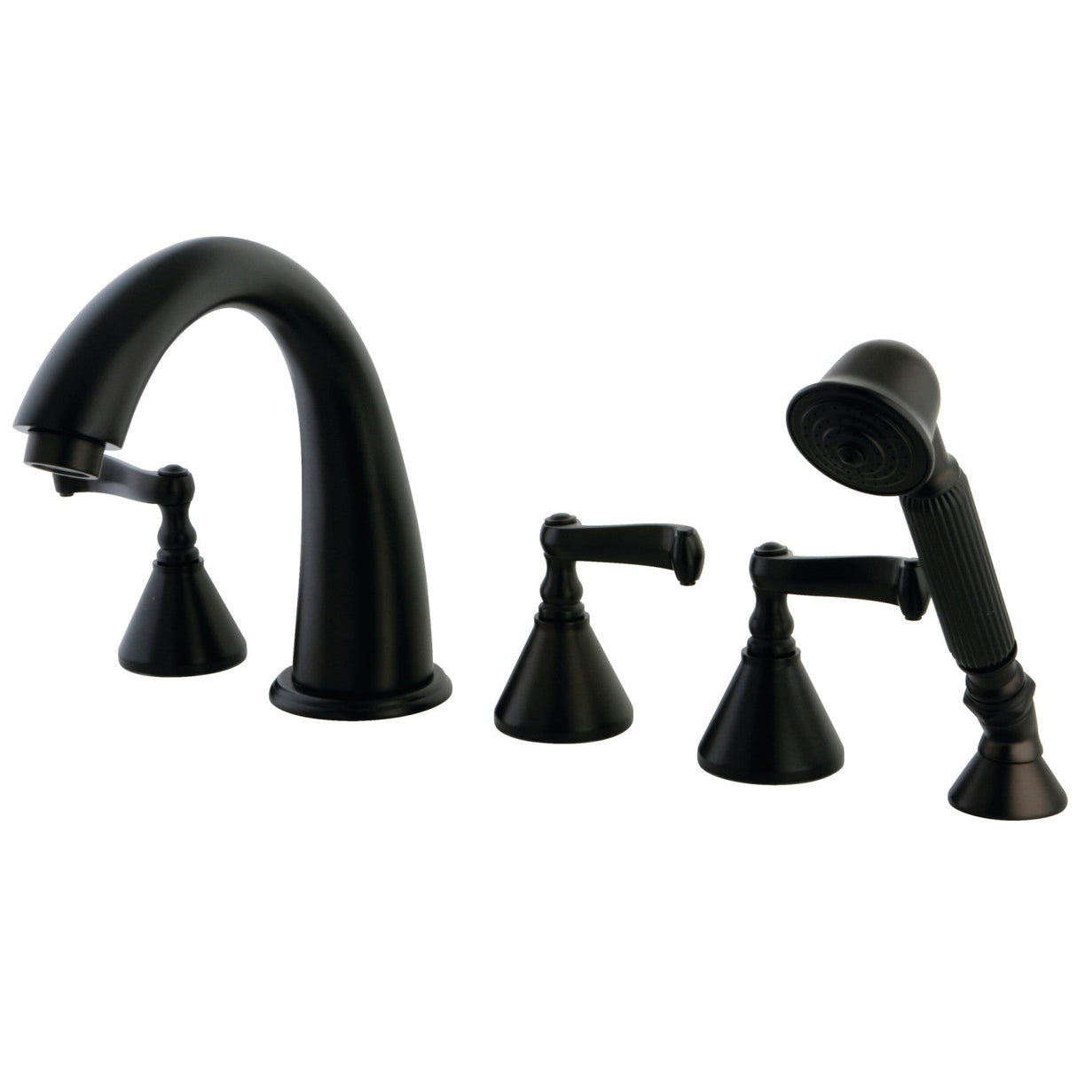 KS23655FL Three-Handle 5-Hole Deck Mount Roman Tub Faucet with Hand Shower, Oil Rubbed Bronze