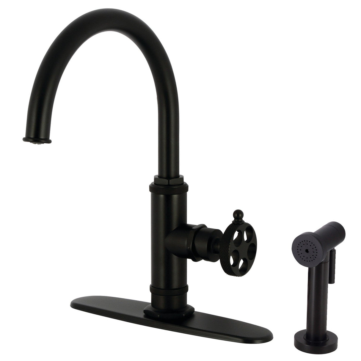 Webb KS2430RKX Single-Handle 1-Hole Deck Mount Kitchen Faucet with Knurled Handle and Brass Side Sprayer, Matte Black