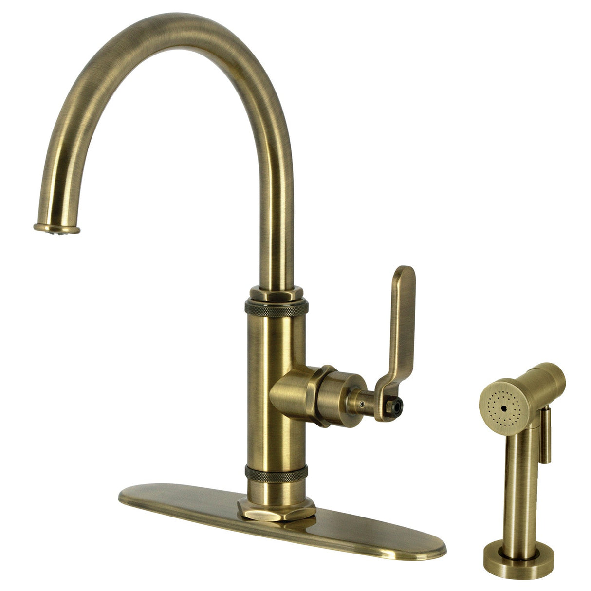 Whitaker KS2433KL Single-Handle Deck Mount Kitchen Faucet with Brass Sprayer, Antique Brass