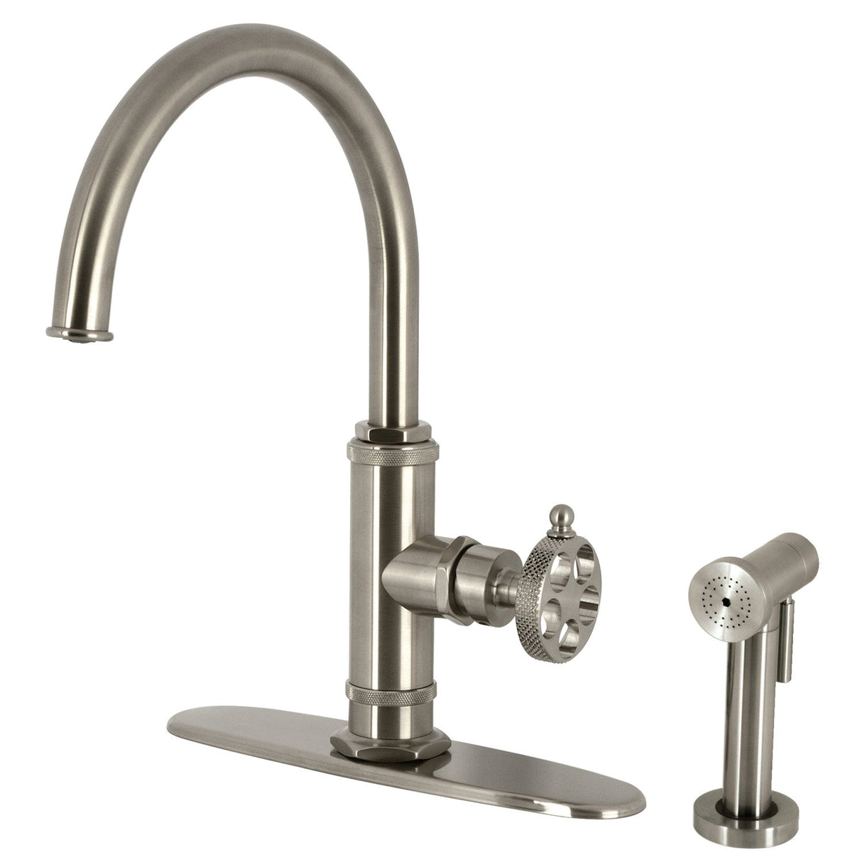 Webb KS2438RKX Single-Handle 1-Hole Deck Mount Kitchen Faucet with Knurled Handle and Brass Side Sprayer, Brushed Nickel