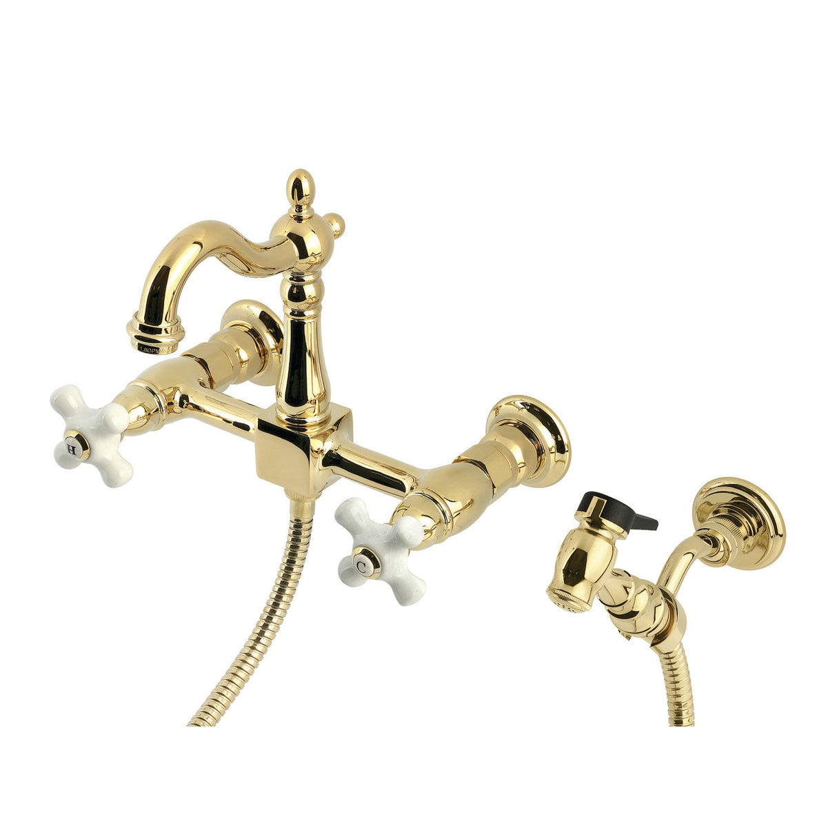 Heritage KS2442PXBS Two-Handle 3-Hole Wall Mount Kitchen Faucet, Polished Brass