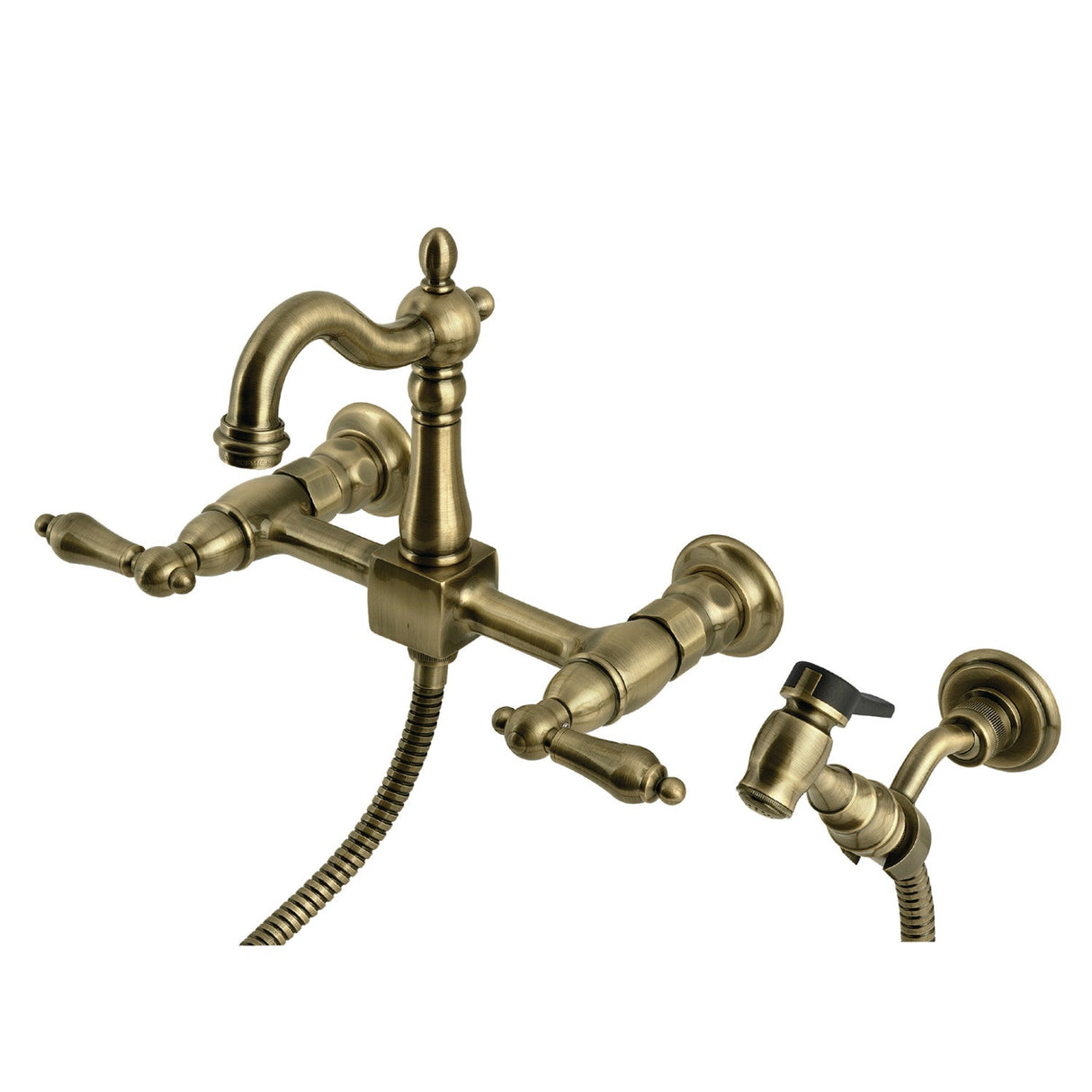 Heritage KS2443ALBS Two-Handle 3-Hole Wall Mount Kitchen Faucet, Antique Brass