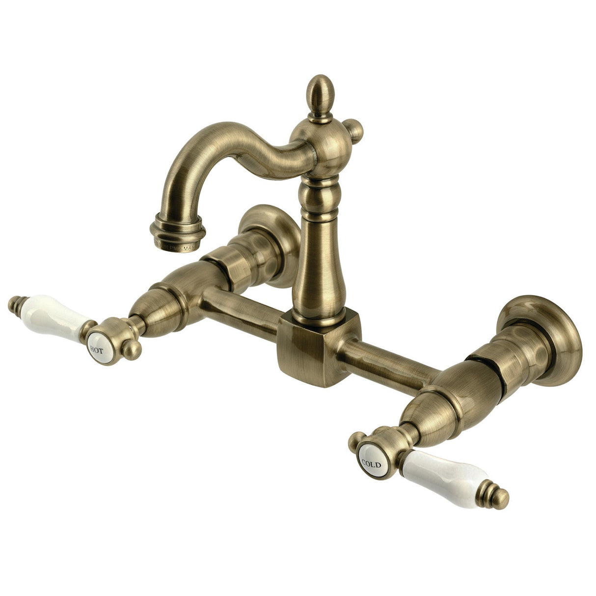 Bel-Air KS2443BPL Two-Handle 2-Hole Wall Mount Kitchen Faucet, Antique Brass