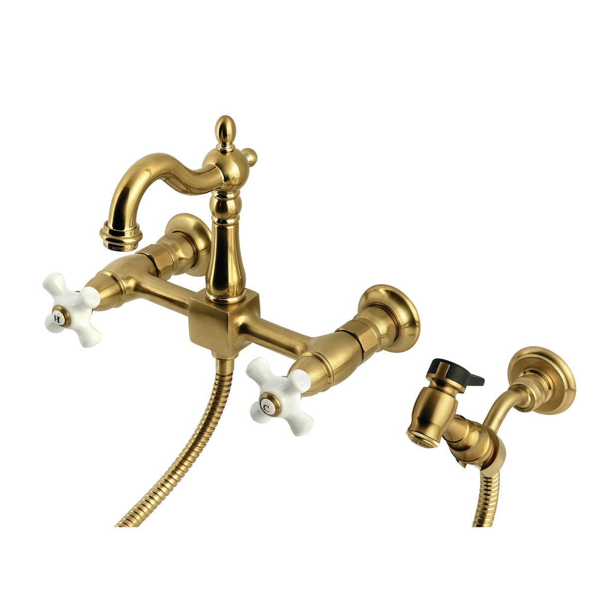 Heritage KS2447PXBS Two-Handle 3-Hole Wall Mount Kitchen Faucet, Brushed Brass