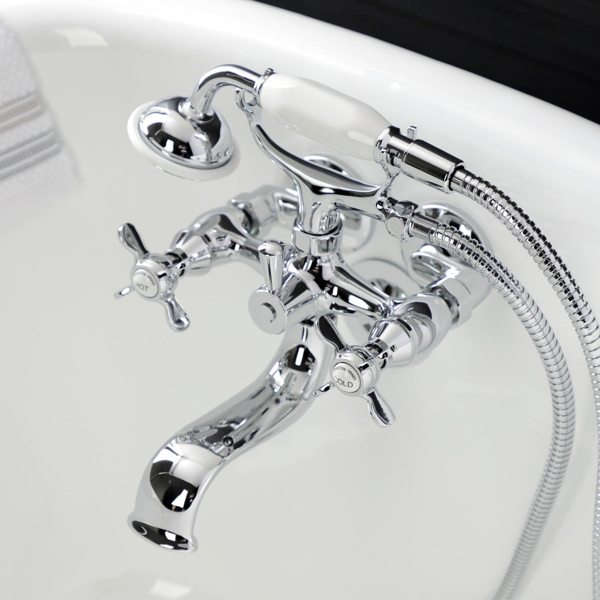 Essex KS245C Three-Handle 2-Hole Tub Wall Mount Clawfoot Tub Faucet with Handshower, Polished Chrome