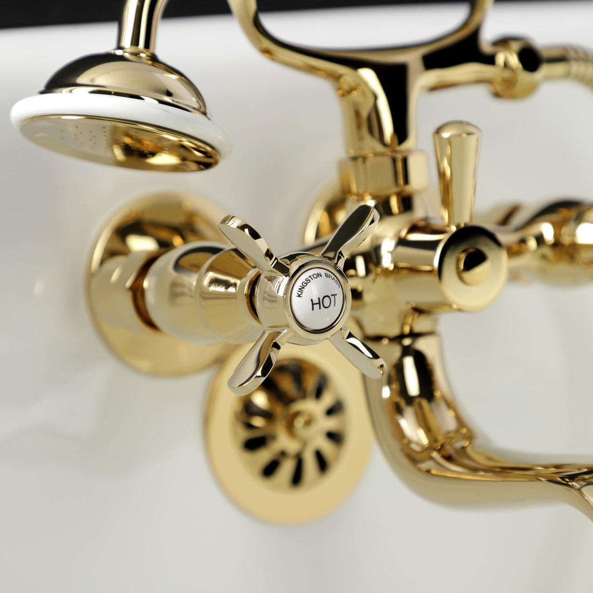 Essex KS245PB Three-Handle 2-Hole Tub Wall Mount Clawfoot Tub Faucet with Handshower, Polished Brass