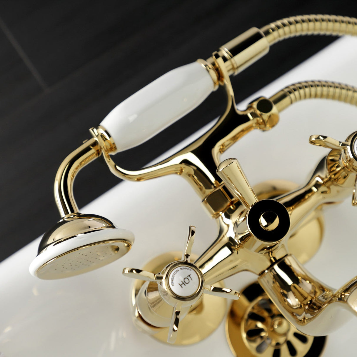 Essex KS245PB Three-Handle 2-Hole Tub Wall Mount Clawfoot Tub Faucet with Handshower, Polished Brass