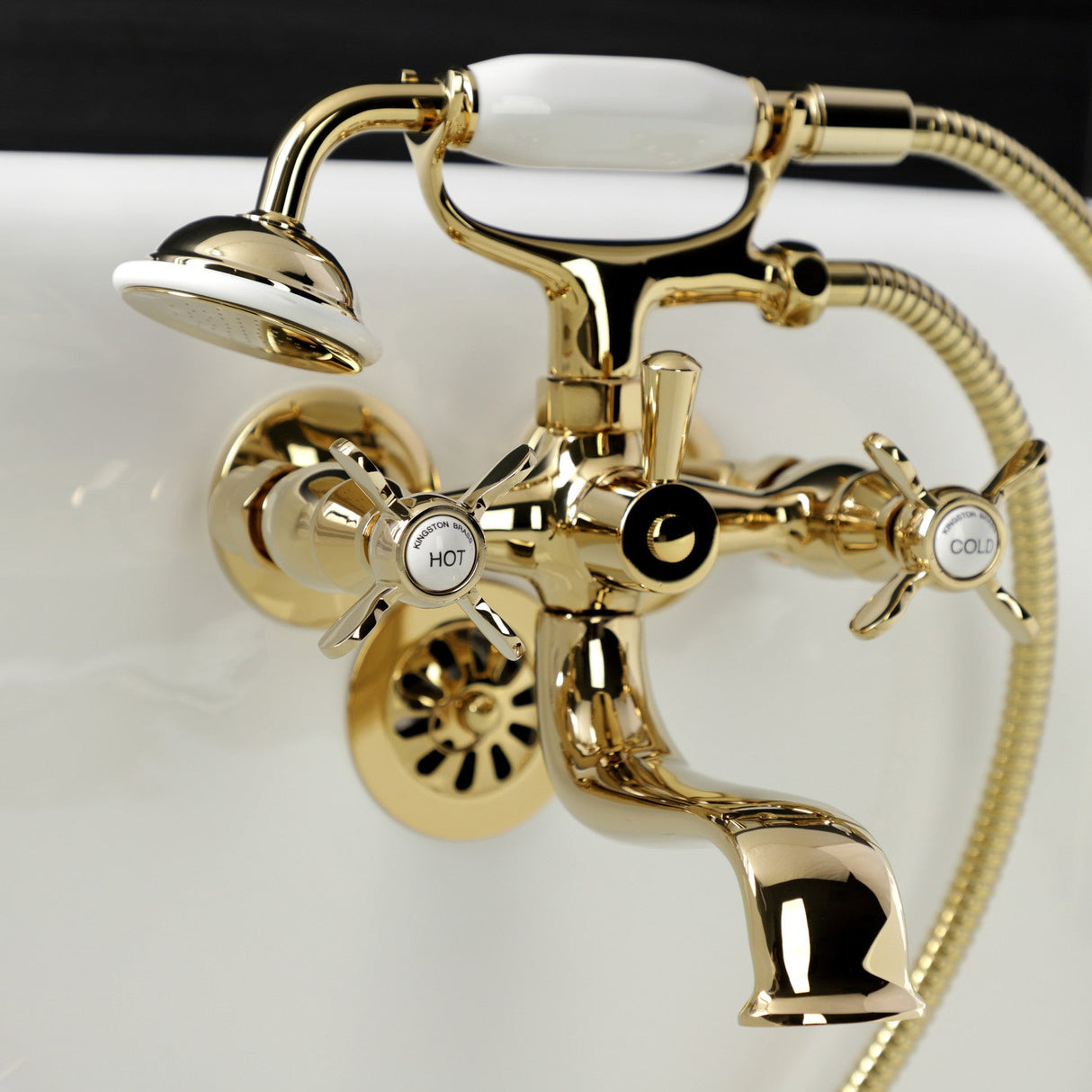 Essex KS245PB Three-Handle 2-Hole Tub Wall Mount Clawfoot Tub Faucet with Handshower, Polished Brass