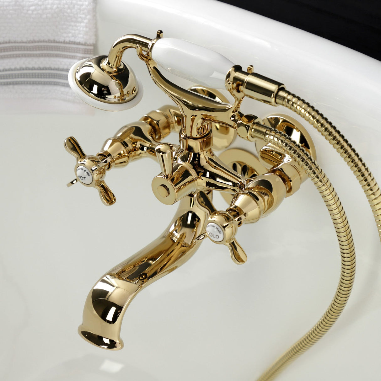 Essex KS245PB Three-Handle 2-Hole Tub Wall Mount Clawfoot Tub Faucet with Handshower, Polished Brass