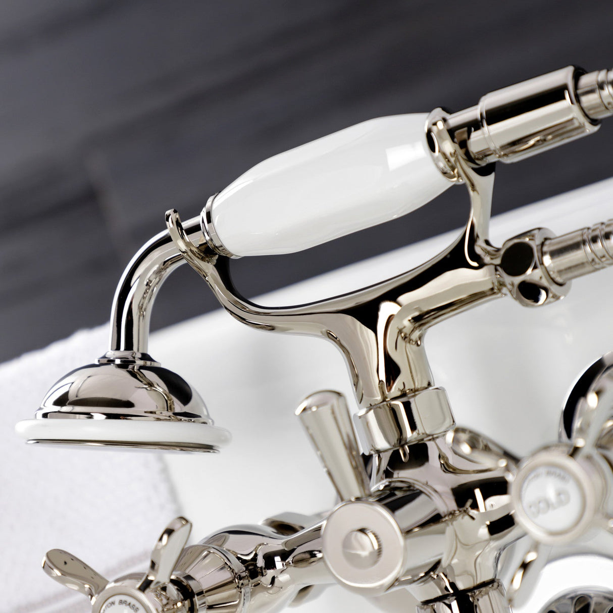 Essex KS245PN Three-Handle 2-Hole Tub Wall Mount Clawfoot Tub Faucet with Handshower, Polished Nickel