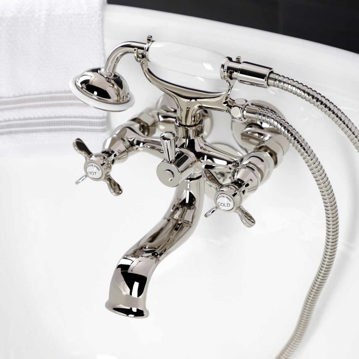Essex KS245PN Three-Handle 2-Hole Tub Wall Mount Clawfoot Tub Faucet with Handshower, Polished Nickel