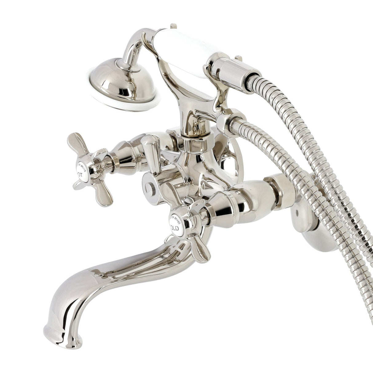 Essex KS245PN Three-Handle 2-Hole Tub Wall Mount Clawfoot Tub Faucet with Handshower, Polished Nickel