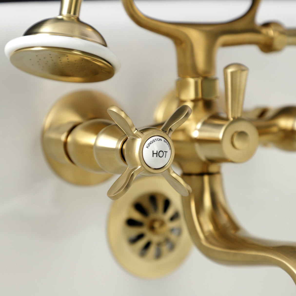 Essex KS245SB Three-Handle 2-Hole Tub Wall Mount Clawfoot Tub Faucet with Handshower, Brushed Brass
