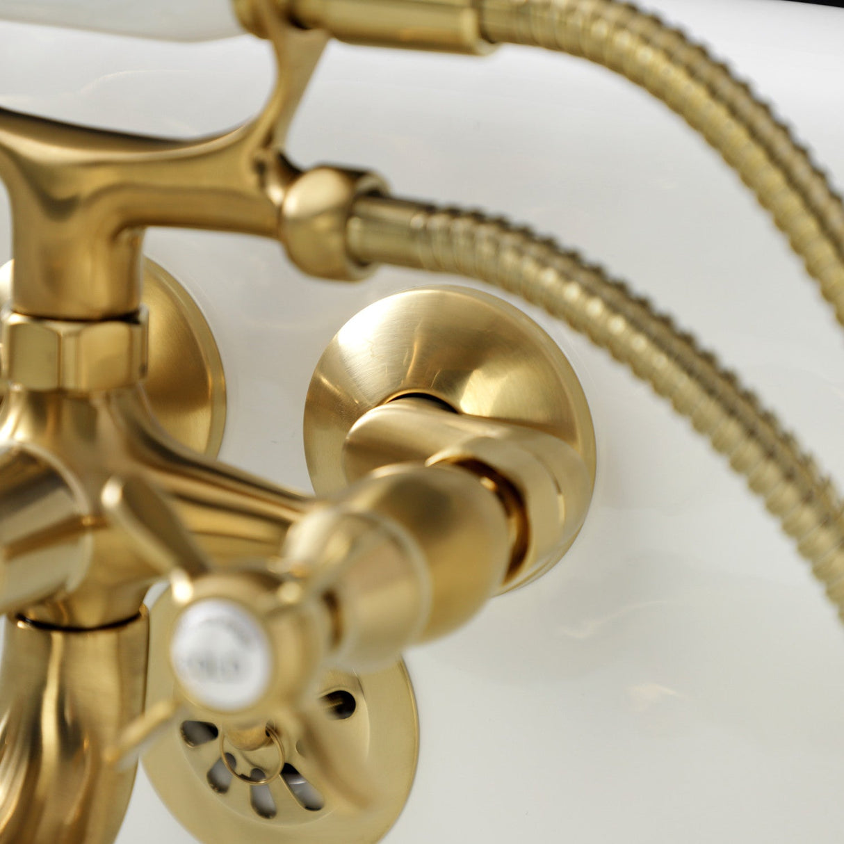Essex KS245SB Three-Handle 2-Hole Tub Wall Mount Clawfoot Tub Faucet with Handshower, Brushed Brass
