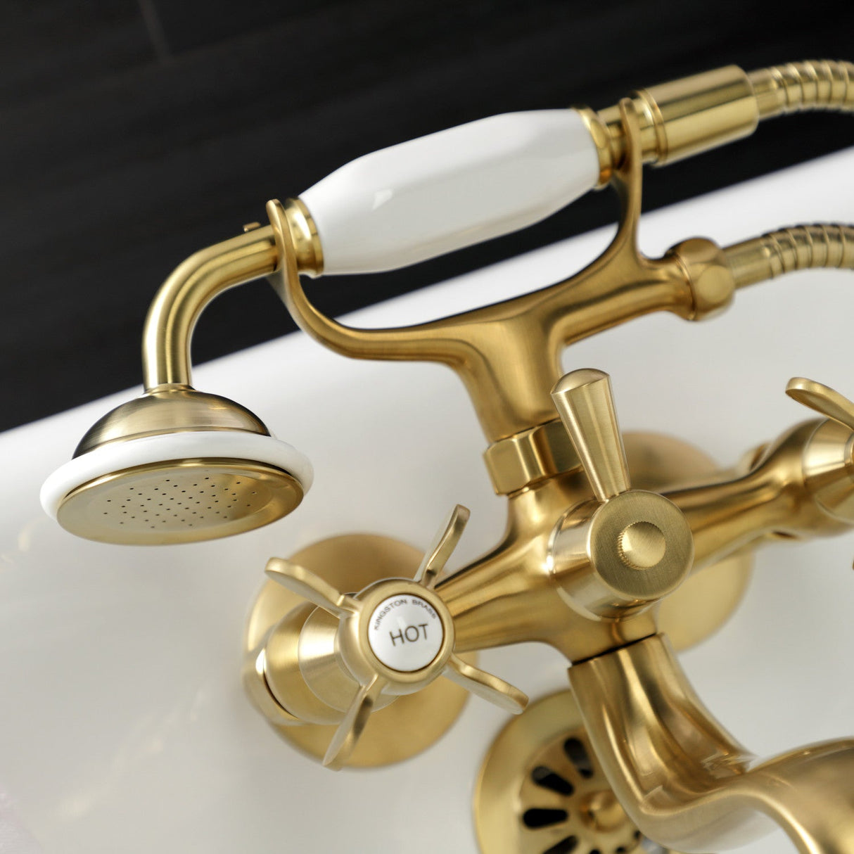 Essex KS245SB Three-Handle 2-Hole Tub Wall Mount Clawfoot Tub Faucet with Handshower, Brushed Brass